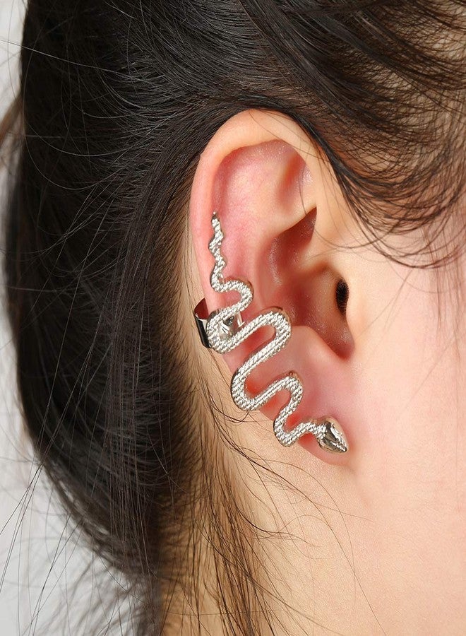 QIAN0813 1 Pair/Set Gold Tone Punk Winding Snake Serpent Post Stud Ear Cilp Climber Ear Cuff Earring Jewelry (Silver) - Image 2